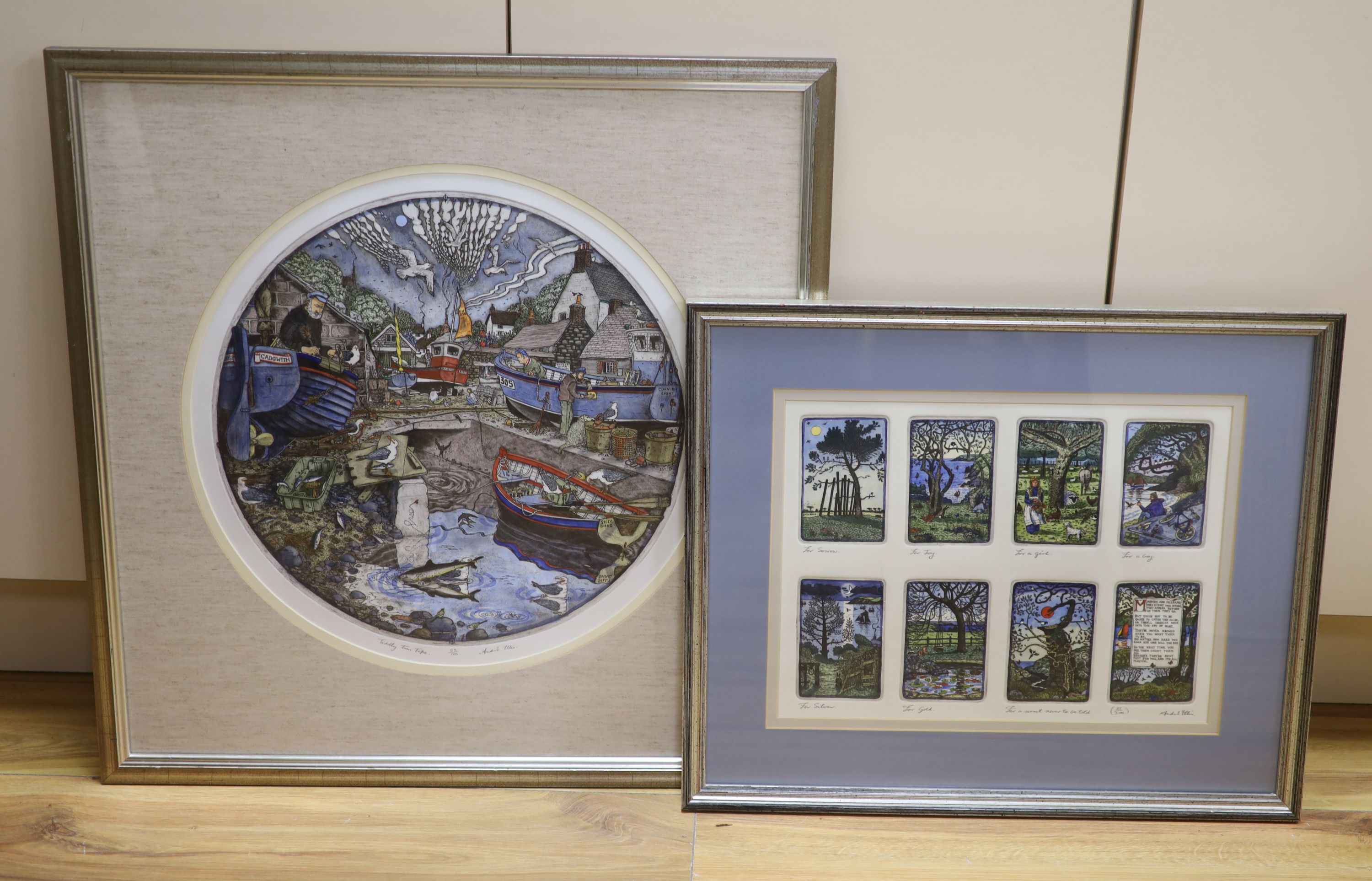 Andre Ellis, two limited edition prints, Tiddly Tom Tope, 53/100 and Magpies, 51/300, both signed